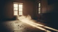 Dusty room with old distressed windows and sun rays. Abandoned grungy interior with lights in the dust. Generated AI. Royalty Free Stock Photo