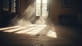 Dusty room with old distressed windows and sun rays. Abandoned grungy interior with lights in the dust. Generated AI. Royalty Free Stock Photo