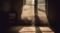 Dusty room with old distressed windows and sun rays. Abandoned grungy interior with lights in the dust. Generated AI. Royalty Free Stock Photo