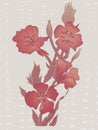 Dusty rose colored flowers, vines and buds on wicker texture