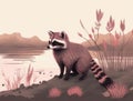 dusty rose raccoon with an inquisitive look twirls his whiskers near the riverbank. Cute creature. AI generation