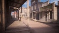 Dusty street in an old wild west town with boardwalk, gunsmith store and bank in late afternoon sunlight. Photo realistic 3D Royalty Free Stock Photo