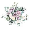 Dusty violet lavender, mauve antique rose, purple pale and ivory yellow flowers