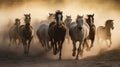 In the Dusty Wake: Majestic Horses Galloping Through an Expansive Landscape