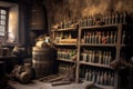 dusty wine bottles aging on wooden racks