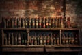 dusty wine bottles aging on wooden racks