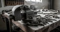 a dusty workbench featuring a vintage metal vise surrounded by scattered bolts and nuts in a workshop setting with natural light Royalty Free Stock Photo