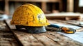 Dusty yellow hard hat sits on a wooden workbench, next to construction tools and blueprints Royalty Free Stock Photo