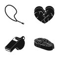 Dusya, heart broken and other web icon in black style. whistle, fish steak icons in set collection. Royalty Free Stock Photo