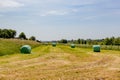 Dutch agricultural field with hay bale wrapped in green plastic foil on yellowish green grass