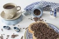 Dutch breakfast with bread and chocolate hail hagelslag, tea and Delfts Blue souvenir