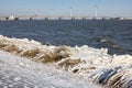 Dutch breakwater with basalt rocks and reed covered with ice