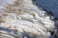 Dutch breakwater with reed covered by ice