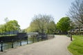 Dutch canal landscape with water, trees, grass and boat Royalty Free Stock Photo