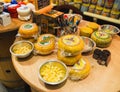 Dutch cheese on display in the store Royalty Free Stock Photo