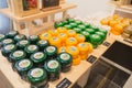 Dutch cheese on display in the store Royalty Free Stock Photo