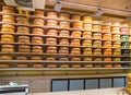 Dutch cheese on display in the store Royalty Free Stock Photo