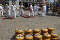 Dutch cheese market in Hoorn with working porters