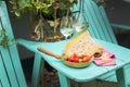 Dutch cheese and strawberries. White wine two glasses. A table with a snack at a party. Vacation. Place for text. Copy space Royalty Free Stock Photo