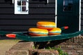 Dutch Cheese wheels on a green cart Royalty Free Stock Photo