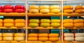 Dutch cheeses, edam, gouda, whole round wheels on wooden shelf, cheese store in Rotterdam, Netherlands