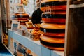 Dutch cheeses fill on a specialist cheese shop. Amsterdam, Netherlands Royalty Free Stock Photo