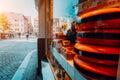 Dutch cheeses fill on a specialist cheese shop. Amsterdam, Netherlands Royalty Free Stock Photo