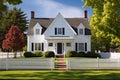 dutch colonial home with wide dormer windows, white picket fence in foreground