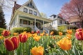 dutch colonial house with blooming tulips in the front yard Royalty Free Stock Photo