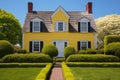 dutch colonial house, yellow, flared eave, manicured hedges