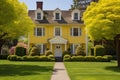 dutch colonial house, yellow, flared eave, manicured hedges