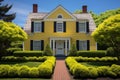 dutch colonial house, yellow, flared eave, manicured hedges