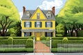 dutch colonial house, yellow, flared eave, manicured hedges, magazine style illustration