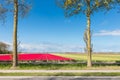 Dutch country road with colorful tulip fields and wind turbines Royalty Free Stock Photo