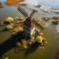 Dutch Elegance Emerges: Aerial View of a Flooded Windmill Oasis