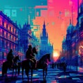 Dutch Empire: A Synthwave Cityscape With Horses And Abstract Y2k Databending Twist Royalty Free Stock Photo