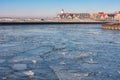 Dutch fishing village Urk in winter with frozen harbor