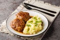 Dutch food a dish of meatballs gehaktballen served with mashed potatoes closeup on the plate. Horizontal