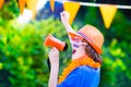 Dutch football fan, little boy cheering Royalty Free Stock Photo