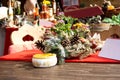 Dutch or German looking table at outside restaurant with nice table decortation and menu card in europe