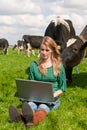 Dutch girl with laptop in field with cows