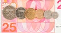 Dutch guilders coins on a 25 guilders bill Royalty Free Stock Photo