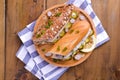 Dutch herring. Toast with Dutch herring, onions, pickles. Traditional rustic appetizer with seafood. Popular food in the