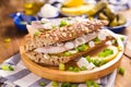 Dutch herring. Toast with Dutch herring, onions, pickles. Traditional rustic appetizer with seafood. Street food in the Royalty Free Stock Photo