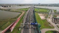 Dutch highway near Amsterdam Zeeburg A10 exit S114 and a small traffic jam aerial view.