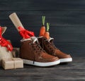 Dutch Holiday Sinterklaas background. Children`s shoes, carrots Royalty Free Stock Photo