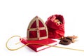 Dutch holiday Sinterklaas background with mitre or mijter staff and book of Sinterklaas.