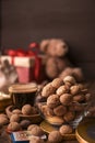 Dutch holiday Sinterklaas. kruidnoten cookies sweets, chocolate and a gift for the child. Children party Saint Nicholas Royalty Free Stock Photo