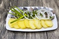 Dutch national appetizer, herring with onions. Tasty pieces of Icelandic herring with boiled potatoes and onions on the plate.