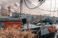 Dutch orange black ship in Amsterdam with City view Royalty Free Stock Photo